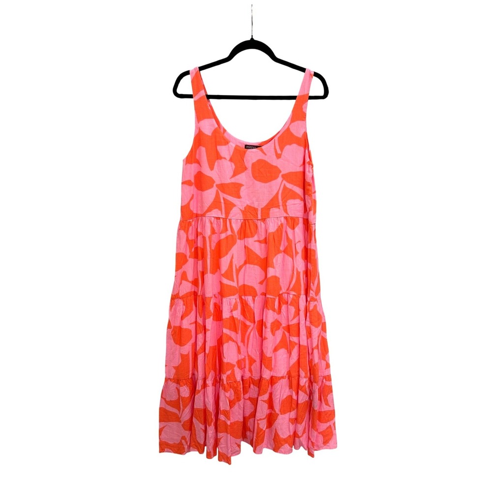 Mister Zimi Pink Orange Abstract Floral Tiered Linen Midi Sundress Womens 8 NWT